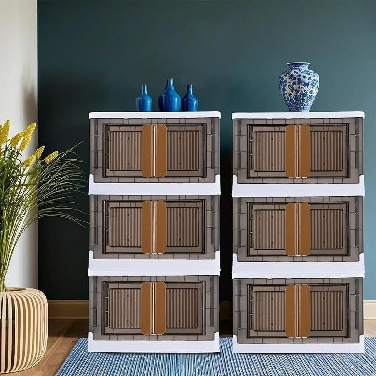 Stackable Storage Bins with Lids – Multipurpose Plastic Closet Organizers, Foldable Storage Boxes with Front and Top Opening
