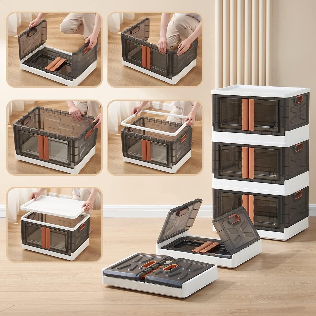 Stackable Storage Bins with Lids – Multipurpose Plastic Closet Organizers, Foldable Storage Boxes with Front and Top Opening