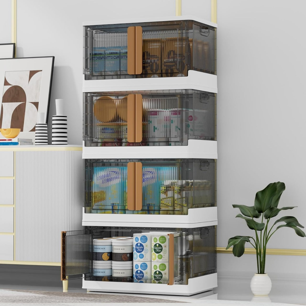 Stackable Storage Bins with Lids – Multipurpose Plastic Closet Organizers, Foldable Storage Boxes with Front and Top Opening