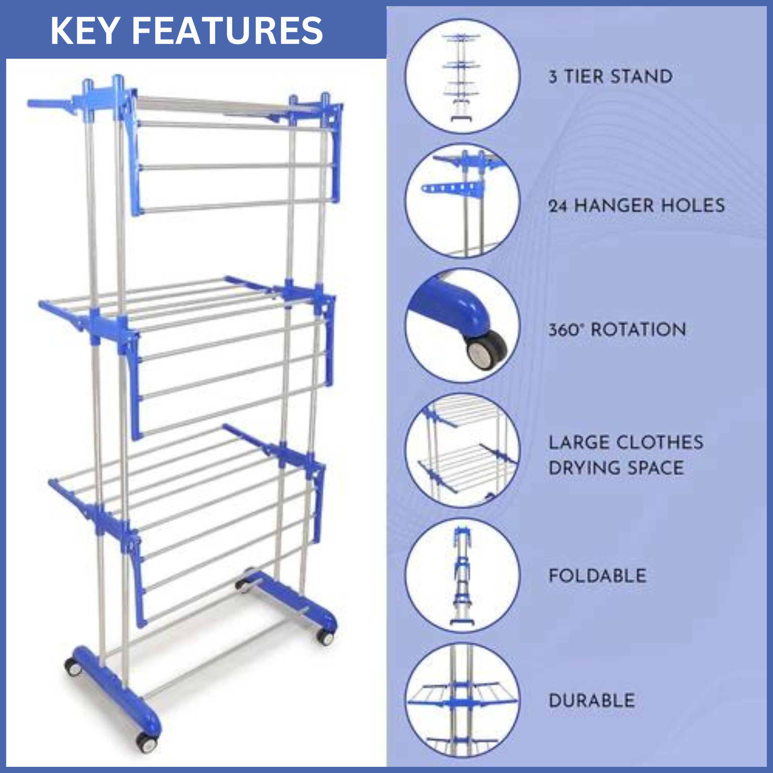 Heavy Duty Double Pole 3 Layer Cloth Drying Stand for Balcony