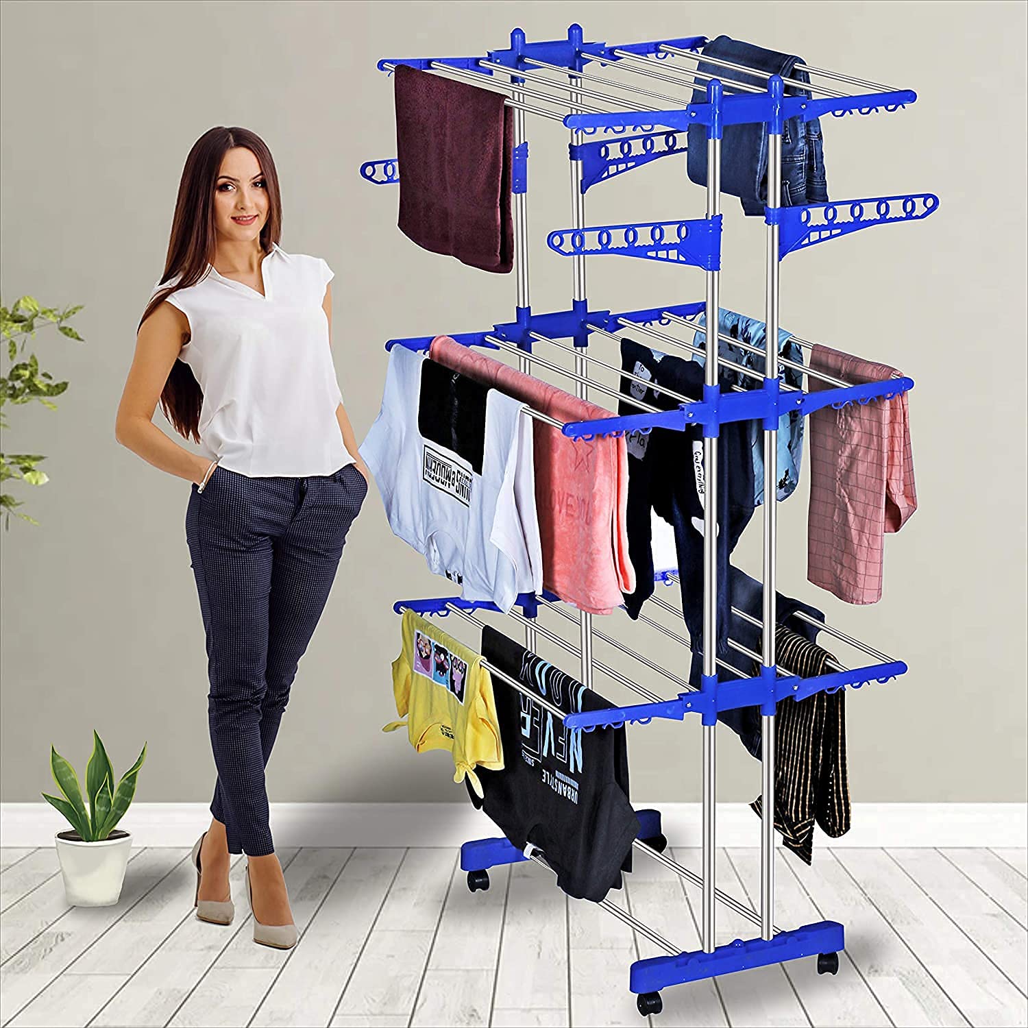 Heavy Duty Double Pole 3 Layer Cloth Drying Stand for Balcony