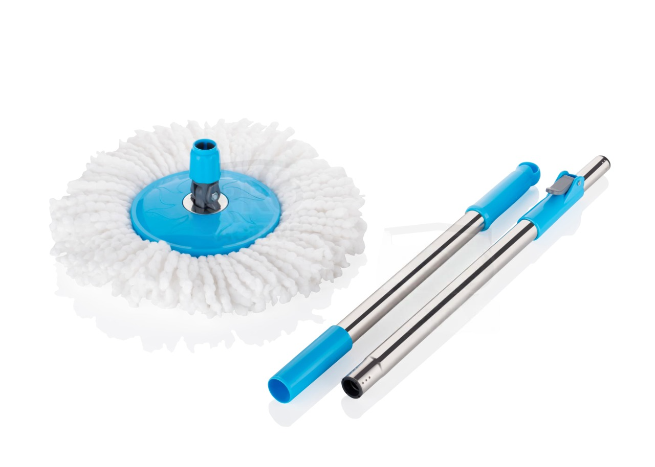 Round Blue Flora Spin Mop with Big Wheels and Stainless Steel Wringer, Bucket Floor Cleaning and Mopping System